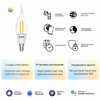 Лампа светодиодная с управлением через Wi-Fi Gauss Smart Home E14 4.5Вт 2000-6500K 1280112